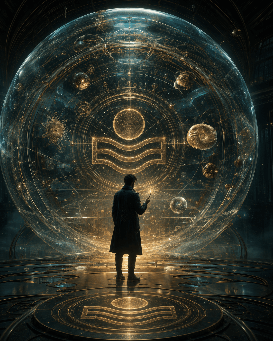 A figure standing inside a luminous structured sphere